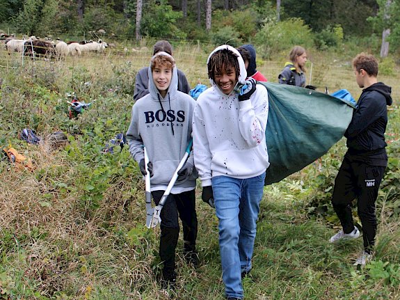 Schüler*innen bei der Trockenrasenpflege in Pfaffstätten.