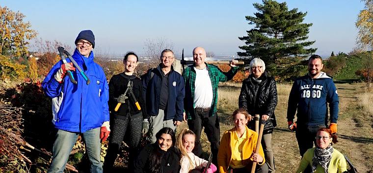 Die engagierten Mitarbeiter*innen der Allianz Versicherung unterstützten uns bei der Trockenrasenpflege zur Erhaltung der großartigen biologischen Vielfalt am Symposion Lindabrunn. © LPV/Girsch