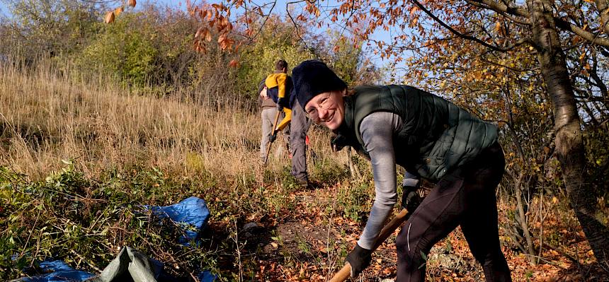 Die Freiwilligen arbeiteten mit Balkenmäher, Rechen und Krampen, um die biologische Vielfalt des Naturdenkmals zu erhalten. © LPV/Fischer