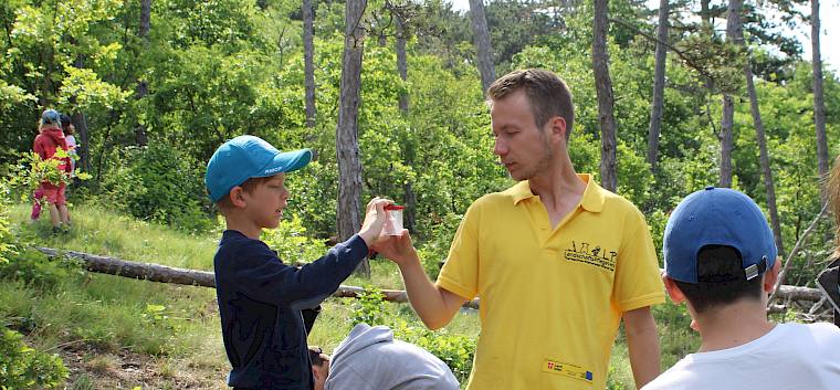 Naturpädagoge Felix erzählte den Schüler*innen spannende Geschichten rund um die gefundenen Tiere. © LPV/N. Lintner