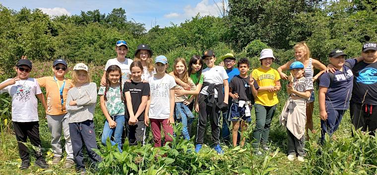 Die Schüler*innen der 4a des Campus Donaufeld beim Pflegetermin auf den Alten Schanzen. © LPV/I. Wrbka-Fuchsig Schulklasse bei Trockenrasenpflege