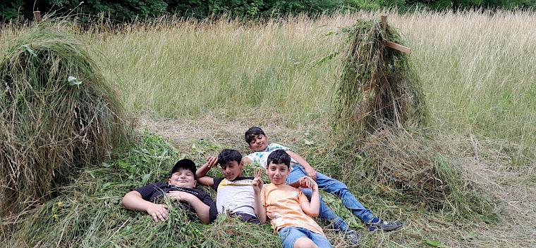 Im frisch abgesensten Gras ist es gemütlich. © LPV/L. Reimoser-Berger Kinder liegen im Heu