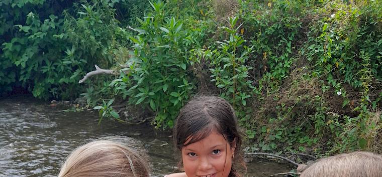 Mit dem Pinsel werden Insektenlarven in den Becher gestupst © LPV/A. Temel Kinder tümpeln in Schwechat