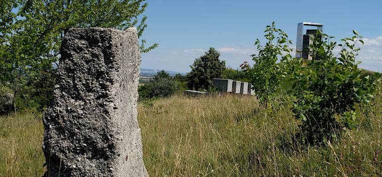 Die vielfältigen Kunstwerke aus Konglomerat-Stein am Symposium Lindabrunn ergänzen den Trockenrasen um offene Felsenbereiche. © LPV/J. Fischer Skulpturen am Trockenrasen