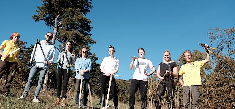Sechs Mitarbeiter*innen der TPA Steuerberatung GmbH setzten sich heute für biologische Vielfalt in Pfaffstätten ein. © LPV/J. Fischer Gruppenfoto der Freiwilligen