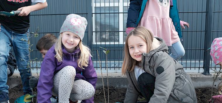 Die Kinder beim Pflanzen der Hecken-Sträucher. © LPV/J. Fischer Kinder pflanzen Hecke.
