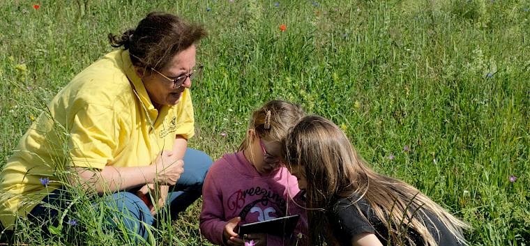 Gemeinsam mit den Naturpädagog:innen des LPV machten sich die Kinder ans Forschen. © LPV/J. Fischer Volksschulkinder erforschen Natur mit Tablet