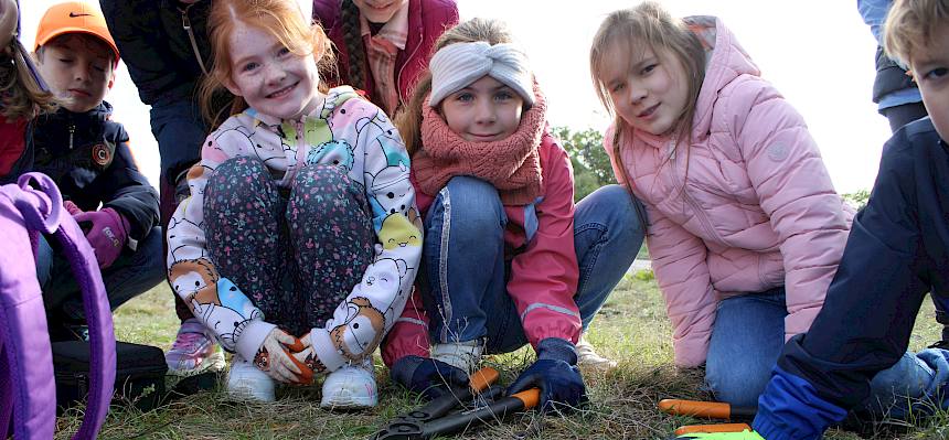 Schüler:innen betrachten Springfrosch