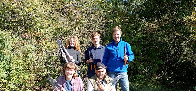 Das Team der Freiwilligen im Einsatz für die wertvollen Trockenrasen in Leobersdorf © LPV/N. Elek Menschen mit Astscheren
