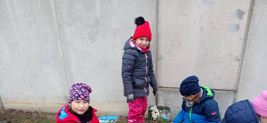 Schüler:innen beim Pflanzen der Blüh- und Klimahecke