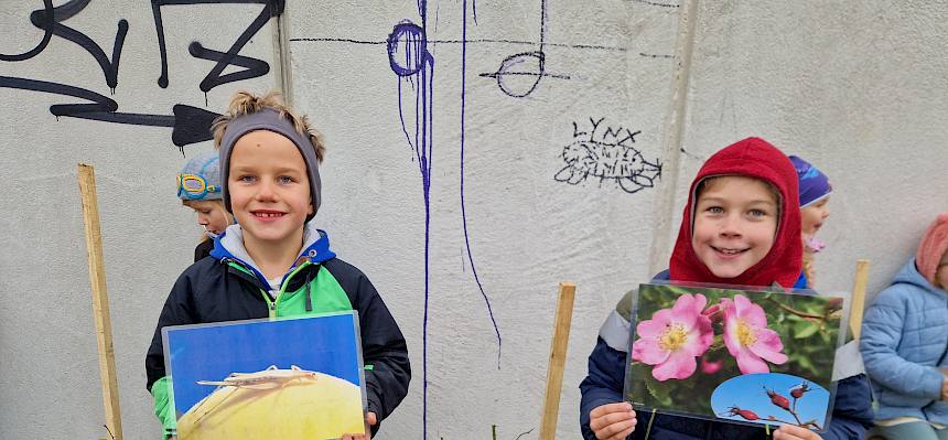 Schüler mit gepflanztem Heckenstrauch (Weinrose)