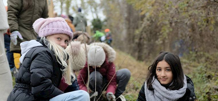 Die Heckenpflanzungen finden im Herbst statt, damit die Sträucher besser anwachsen können und keinem Hitze- und Trockenstress ausgesetzt sind. © LPV/J. Fischer Kinder pflanzen Sträucher
