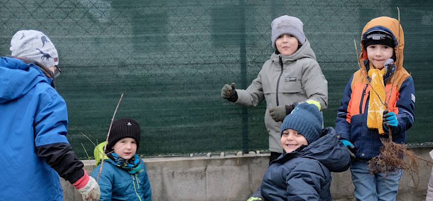 Kinder beim Pflanzen eines Strauches