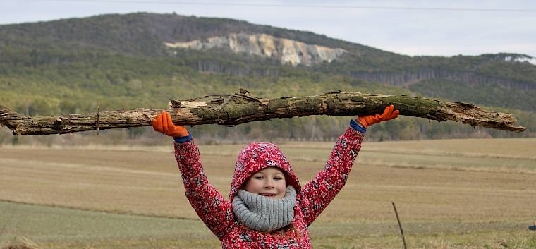 Die jungen Helfer:innen waren heute mit voller Muskelkraft im Einsatz. © LPV/L. Strobl Mädchen trägt Baumstamm