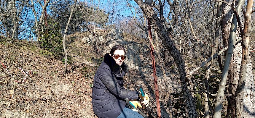 Frau schneidet mit Astschere