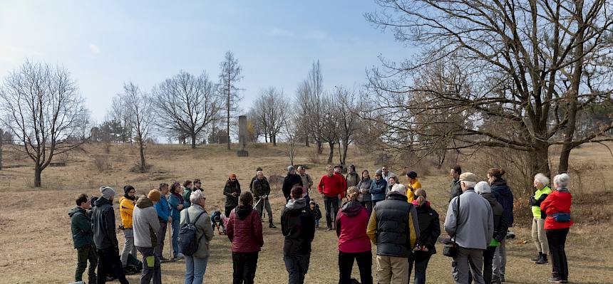 Menschen stehen im Kreis auf Wiese