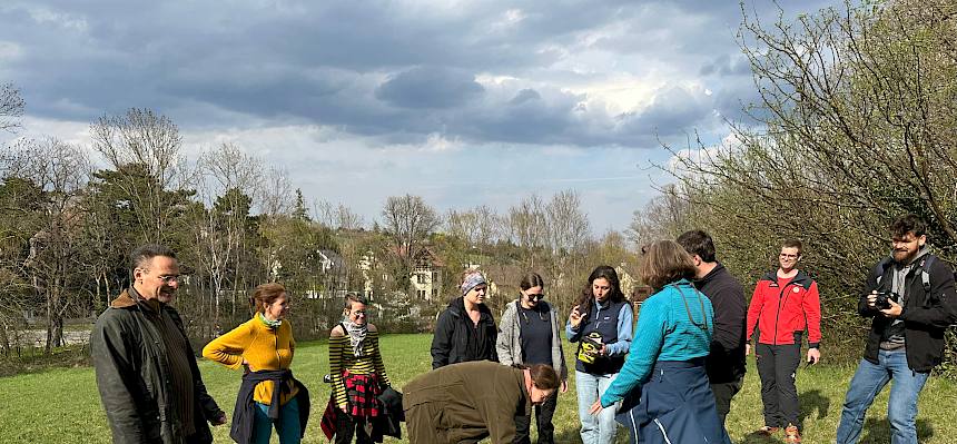Frau liegt auf Wiese , Menschen umringen sie