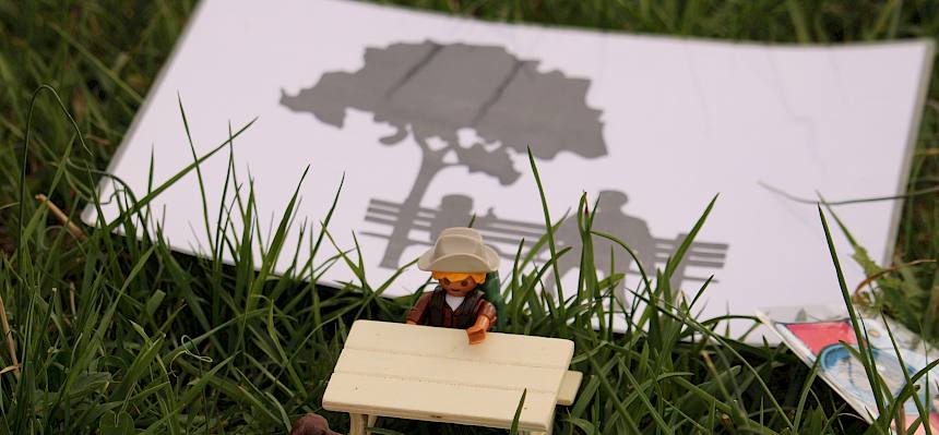 Spielzeug und Bild liegen im Gras