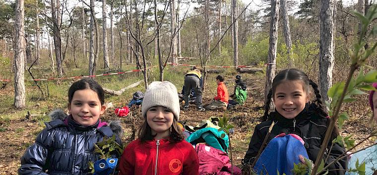 Das Schnittgut wurde von fleißigen Helferinnen mit einer Plane von der Fläche getragen. © LPV/N. Lintner Kinder mit Plane mit Schnittgut