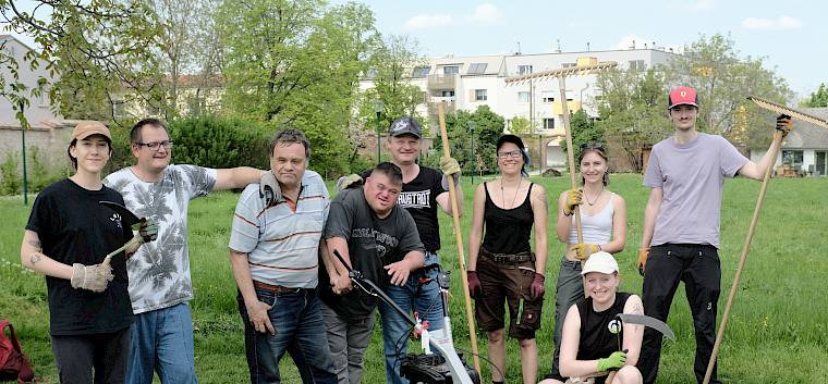 Das Team des LPV und der Lebenshilfe NÖ Werkstätte Poyerhaus waren heute im Einsatz für die Naturwiese im Klosterpark. © LPV/J. FFischer Gruppenfoto