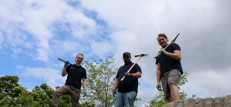 Auch rund um die Kunstwerke am Symposion Lindabrunn wurde heute gearbeitet - sie sind mittlerweile wertvoller Lebensraum für Reptilien, wie der Östlichen Smaragdeidechse (Lacerta viridis). © LPV/L. Strobl Männer auf einer Mauer mit Krampen