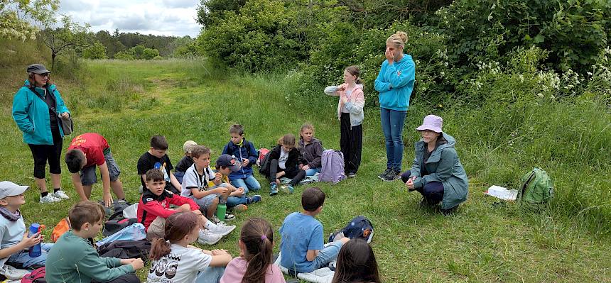 Frau sitzt mit Kindern im Kreis auf der Wiese