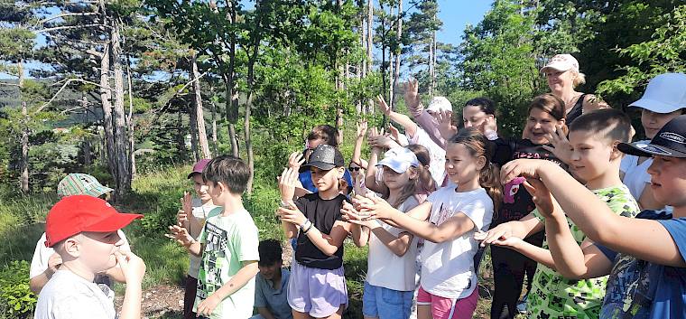 Spielerisch lernten die Kinder über die Besonderheiten von Trockenrasen. © LPV/S. Leischner Kinder machen Pantomime