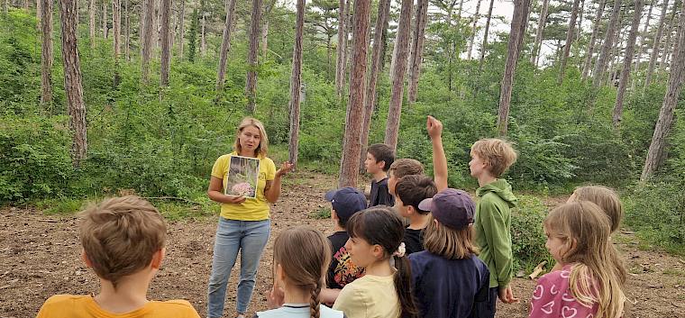Naturpädagogin Bianca gibt mit viel Freude ihr Wissen zur Tier- und Pflanzenwelt weiter. © LPV/V. Pellarin Frau zeigt Kindern Bild von Gottesanbeterin