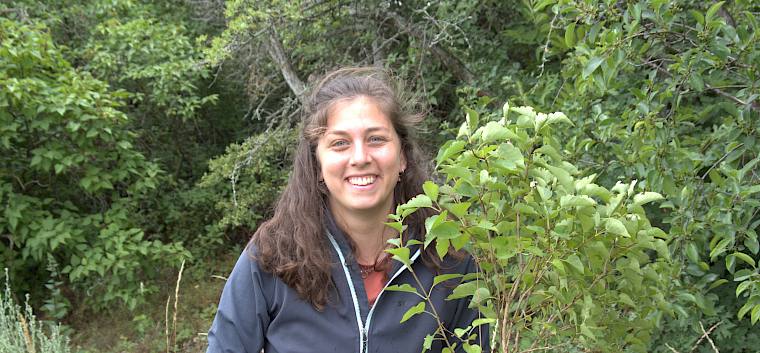 Heute wurde vor allem invasiver Flieder samt Wurzeln von der Fläche entfernt. © LPV/H. Spitzauer Frau mit ausgehacktem Flieder