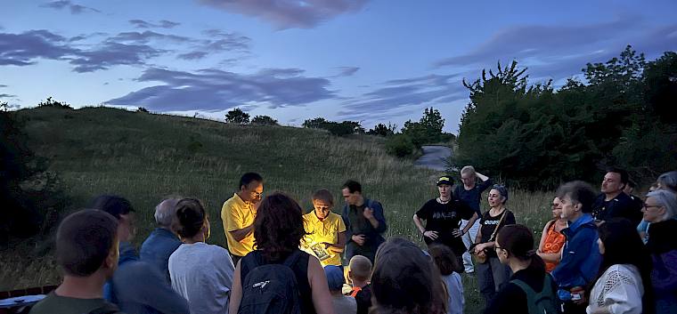 Bis spät in die Nacht waren die Naturinteressierten auf der Heide unterwegs. © Peter Stöckl Bei der Heideführung
