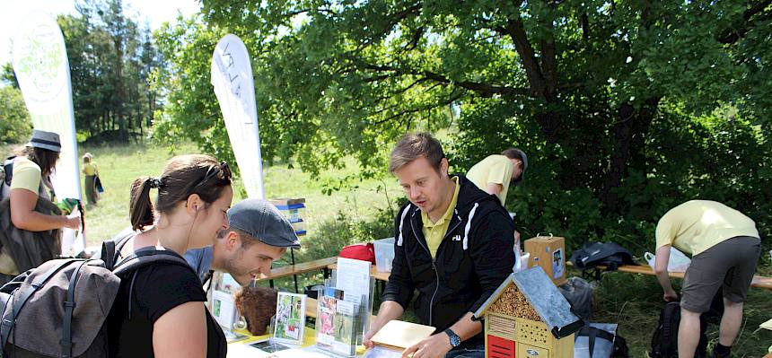 Biologe zeigt am Infostand Insektenpräparate