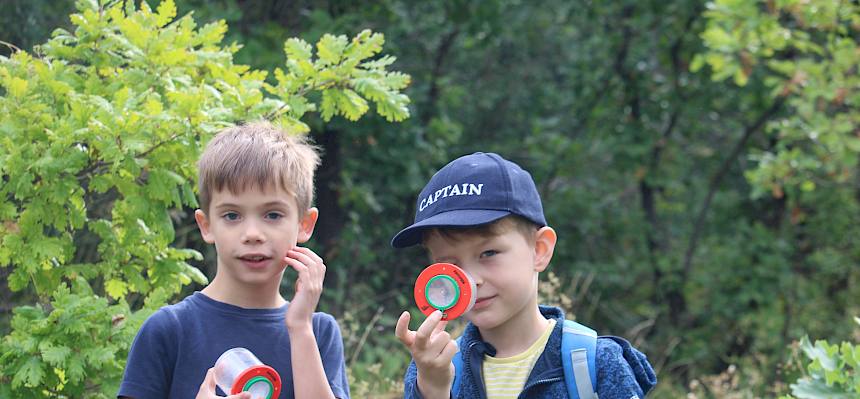 Kinder bei der Becherlupensuche