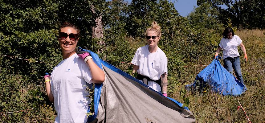 Volunteers tragen Plane mit Schnittgut