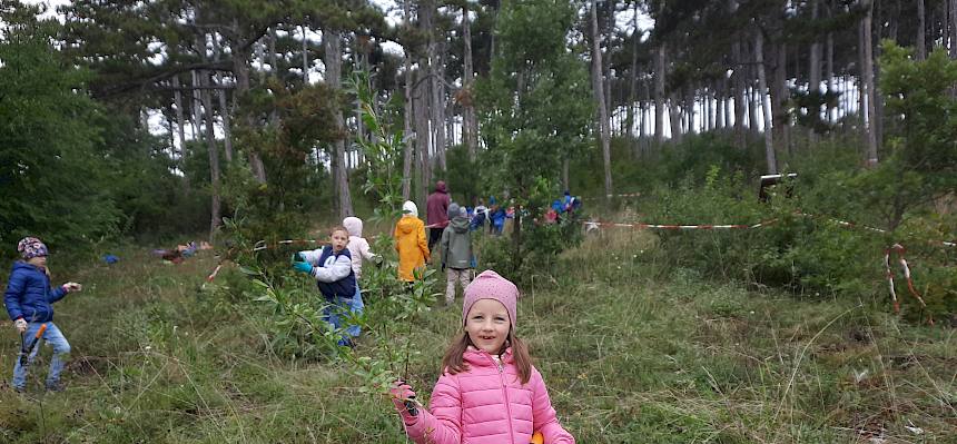 Kind hält junges Gehölz und Astschere