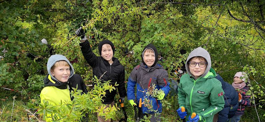 vier Kinder mit Astscheren beim Arbeiten