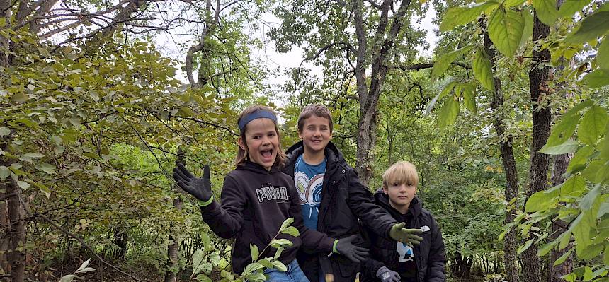 Kinder springen auf dem Schnittguthaufen