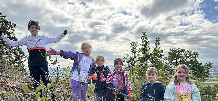 Heute haben die Schülerinnen und Schüler der VS Pfaffstätten hervorragende Arbeit bei der Trockenrasenpflege geleistet und Unmengen an Gehölzschnittgut von den Flächen getragen. © LPV/E. Weisz-Emesz Kindergruppe in der Natur