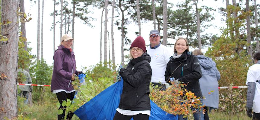Menschen tragen Plane mit Schnittgut