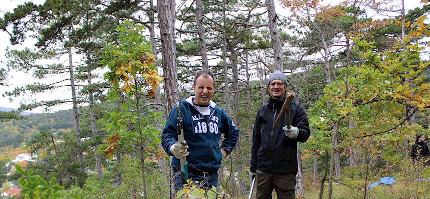 Männer stehen im Grünen