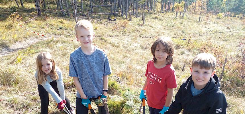 Kinder zerkleinern Baumstamm mit Astscheren
