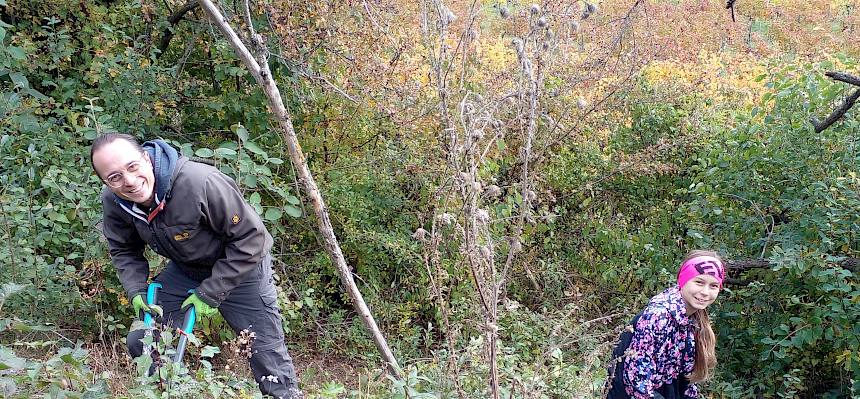 Mann und Kind arbeiten mit Astscheren