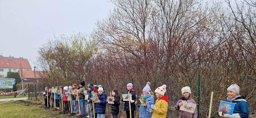 Schüler:innen vor gepflanzter Hecke