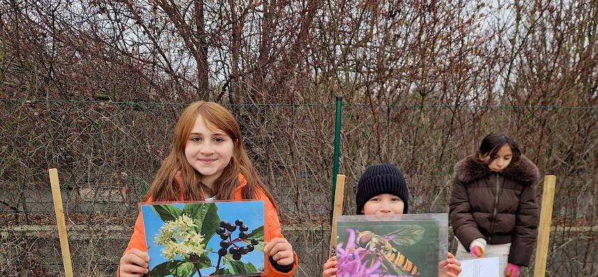 Schülerinnen mit Strauch und Folien