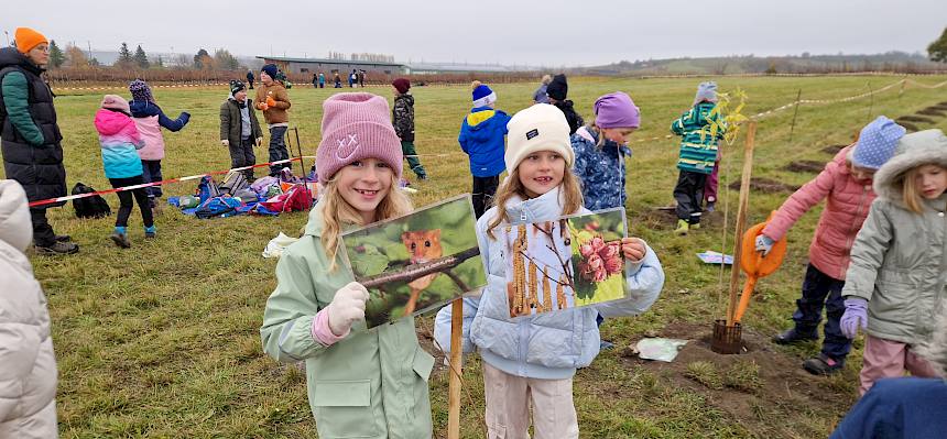 Schülerinnen mit Folie Haselmaus und Haselstrauch