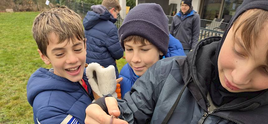 Schüler nehmen Regenwurm auf die Hand