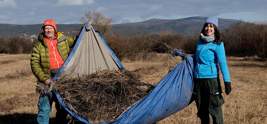 Freiwillige tragen Plane mit Mähgut