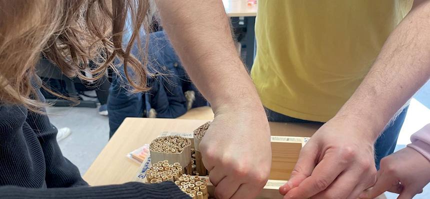 Naturpädagoge hilft beim Nisthilfen bauen