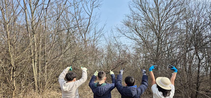 Kinder auf Trockenrasen, von hinten fotografiert