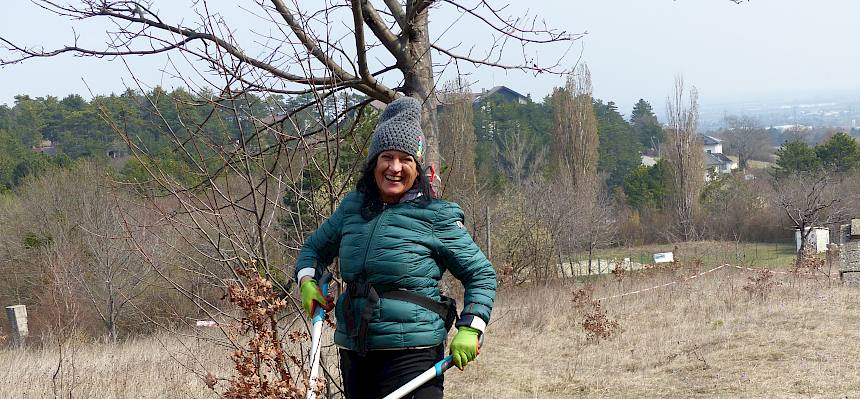 Freiwillige schneidet Strauch