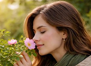 Frau riecht an Wildrosen